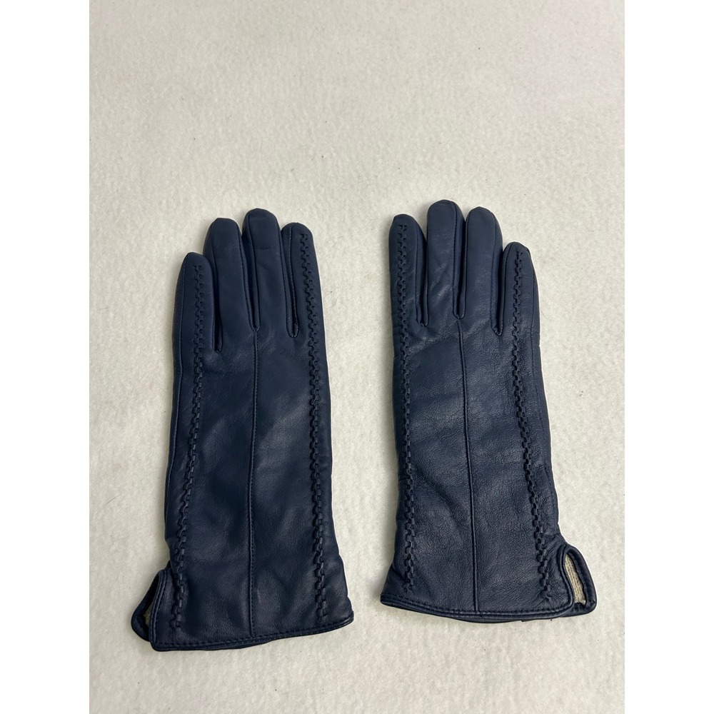 Classic Luxury Women Medium Navy Blue Cashmere Lined Leather Gloves